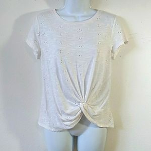 Miami embroidered eyelet white pull over crew neck cropped twist front Top M